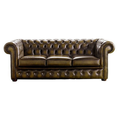 Chesterfield 3 Seater Antique Gold Leather Sofa Bespoke In Classic Style - image 1