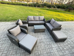 Fimous Wicker Pe Rattan Garden Furniture Set 9 Seater Outdoor Lounge Sofa Set With Love Sofa Coffee Table 2 Big Footstool - thumbnail 2
