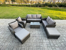 Fimous Wicker Pe Rattan Garden Furniture Set 9 Seater Outdoor Lounge Sofa Set With Love Sofa Coffee Table 2 Big Footstool - thumbnail 1