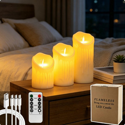 Amorly 3 Pack Usb Rechargeable Flameless Led Candles With Timer & Remote Control, Candle Lights For Wedding,festival,indoor&outdoor Decor - image 1