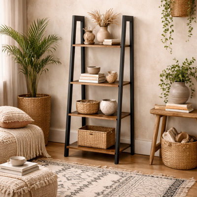 Wyld Haus Maynooth Industrial 4-Shelf Wood Effect And Black Metal Ladder Bookcase - image 1