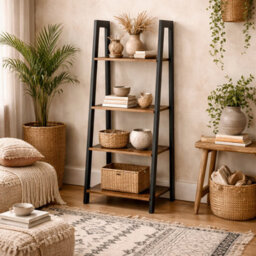 Wyld Haus Maynooth Industrial 4-Shelf Wood Effect And Black Metal Ladder Bookcase - thumbnail 1