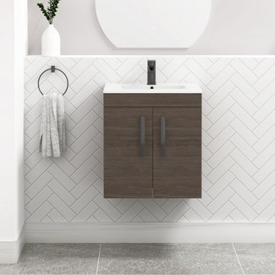 Royal Bathrooms Turin Grey Elm 500mm Wall Hung Vanity Unit 2 Door With Minimalist Basin Sink & Matt Black Handles - image 1