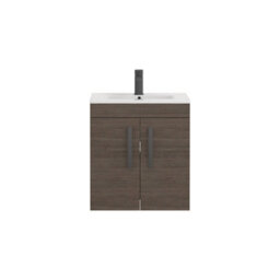 Royal Bathrooms Turin Grey Elm 500mm Wall Hung Vanity Unit 2 Door With Minimalist Basin Sink & Matt Black Handles - thumbnail 6