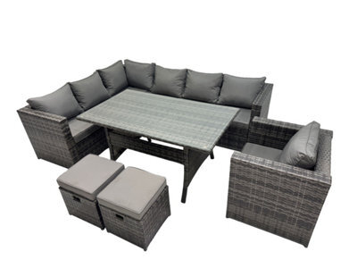 Fimous Outdoor Pe Rattan Sofa Set With Dining Table Patio Garden Furniture Sets With Chair 2 Small Stool Dark Grey Mixed - image 1