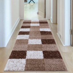 The Rugs Brown And Ivory Soft Checkerboard Design Fluffy Shaggy Rugs And Runners High Pile Living Room Kitchen Hallway 381 - thumbnail 6