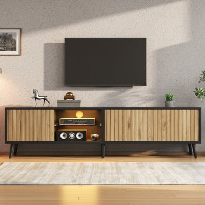 Btm 175Cm Mid-Century Tv Stand, Fluted Wood Doors, Black Media Console, Storage Cabinet - image 1