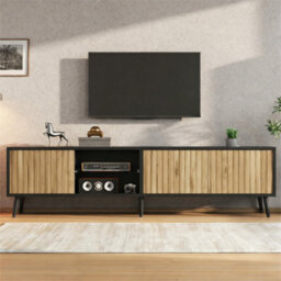 Btm 175Cm Mid-Century Tv Stand, Fluted Wood Doors, Black Media Console, Storage Cabinet - thumbnail 8