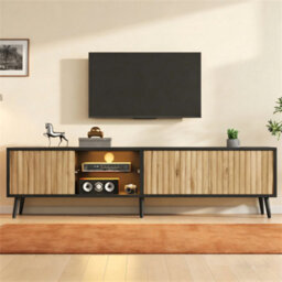 Btm 175Cm Mid-Century Tv Stand, Fluted Wood Doors, Black Media Console, Storage Cabinet - thumbnail 4