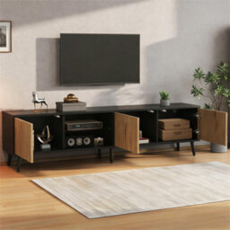 Btm 175Cm Mid-Century Tv Stand, Fluted Wood Doors, Black Media Console, Storage Cabinet - thumbnail 7