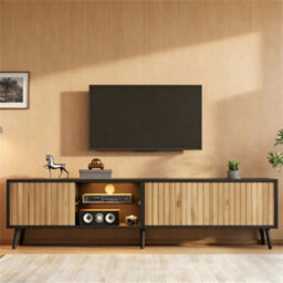 Btm 175Cm Mid-Century Tv Stand, Fluted Wood Doors, Black Media Console, Storage Cabinet - thumbnail 3