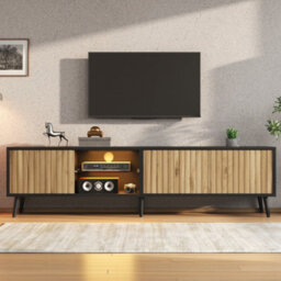 Btm 175Cm Mid-Century Tv Stand, Fluted Wood Doors, Black Media Console, Storage Cabinet - thumbnail 1