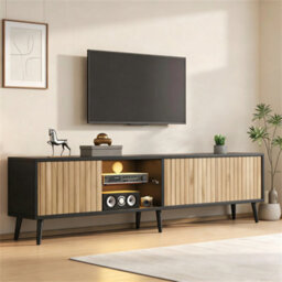 Btm 175Cm Mid-Century Tv Stand, Fluted Wood Doors, Black Media Console, Storage Cabinet - thumbnail 2