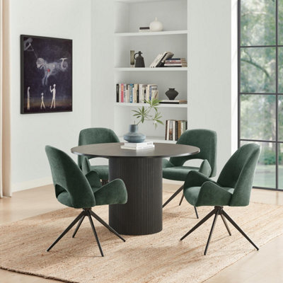 Furniturebox Uk Penrose Black Round Dining Table & 4 Green Layla Fabric Swivel Chairs - image 1
