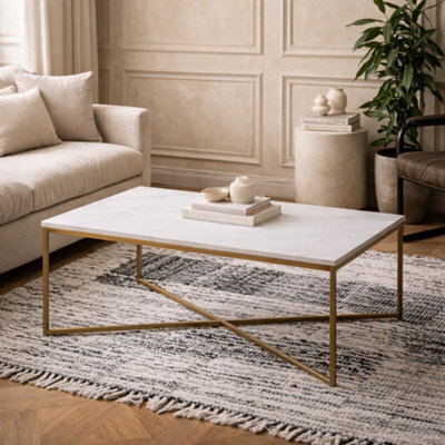 Wyld Haus Vodskov 120Cm Coffee Table With White Marble Top And Brass Crossed Base - image 1