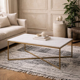 Wyld Haus Vodskov 120Cm Coffee Table With White Marble Top And Brass Crossed Base