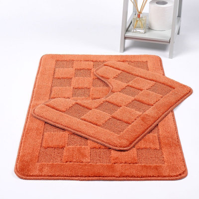 Homes & Linen Bath Mat & Pedestal Set 2 Piece Squares Terracotta Non Slip Bathroom Toilet Rug Bath Mats Set