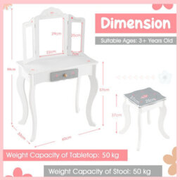 Costway 2 In 1 Vanity Table For Kids W/ Stool Drawer & Folding Mirror Anti-Tipping Device - thumbnail 3