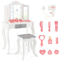 Costway 2 In 1 Vanity Table For Kids W/ Stool Drawer & Folding Mirror Anti-Tipping Device - thumbnail 2