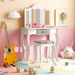Costway 2 In 1 Vanity Table For Kids W/ Stool Drawer & Folding Mirror Anti-Tipping Device - thumbnail 1