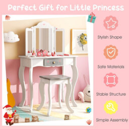 Costway 2 In 1 Vanity Table For Kids W/ Stool Drawer & Folding Mirror Anti-Tipping Device - thumbnail 7