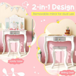 Costway 2 In 1 Vanity Table For Kids W/ Stool Drawer & Folding Mirror Anti-Tipping Device - thumbnail 4