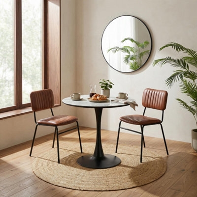 Furniturebox Elina White Marble Effect Round Dining Table With 2 Tan Delta Chairs - image 1