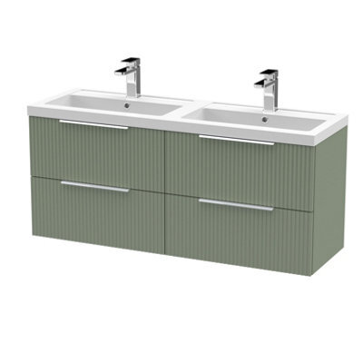 Hudson Reed Fluted Wall Hung 4-Drawer Vanity And Double Polymarble Basin, Contemporary Sink Vanity Unit, Satin Green, 1200mm - image 1