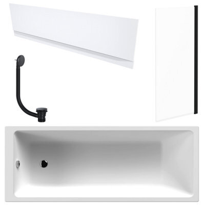 FNX Bathrooms White 1700 X 700 mm Single-Ended Bath With Waterproof Front Panel & Straight Black-Frame Bath Screen - image 1
