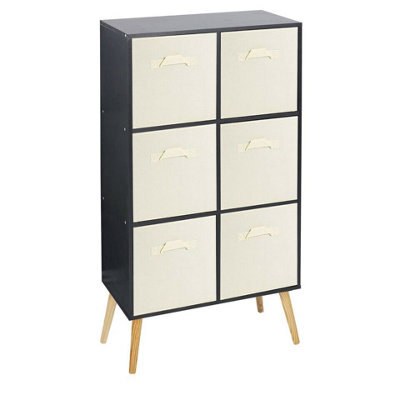 Urbn-Living Urbnliving 90Cm Height 6 Cube Black Wooden Bookcase With Beech Legs Living Room Cream Shelf Storage Drawers - image 1