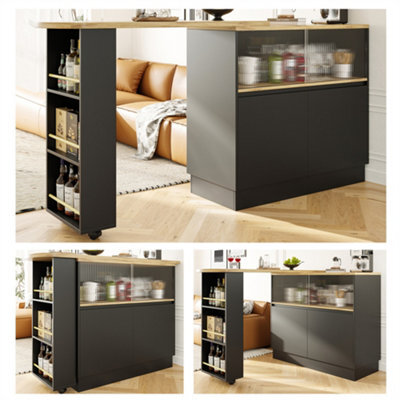 Abrihome Swivelling Dining Bar, Modern Swivelling Sideboard With Glass Front, Sliding Glass Door, Black - image 1