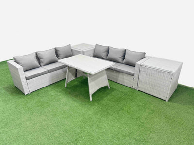 Fimous Rattan Garden Furniture Dining Set 6-Seater Patio Rectangular Table 3 Seater Sofa Set With 2 Side Tables Light Grey - image 1