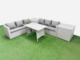 Fimous Rattan Garden Furniture Dining Set 6-Seater Patio Rectangular Table 3 Seater Sofa Set With 2 Side Tables Light Grey - thumbnail 2