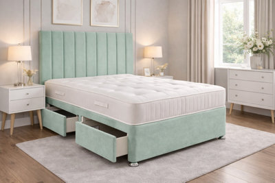 Comfy Deluxe 9 Panel Duck Egg Suede 6Ft Super King Size Bed Set With Orthopaedic Mattress And Headboard 2 Drawers