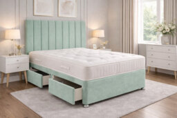 Comfy Deluxe 9 Panel Duck Egg Suede 6Ft Super King Size Bed Set With Orthopaedic Mattress And Headboard 2 Drawers