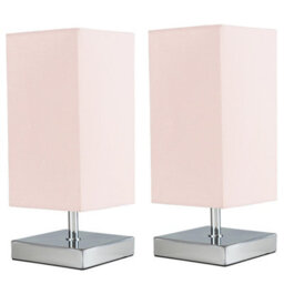 Valuelights Yuko Pair Of Modern Square Polished Chrome Touch Table Lamps With Pink Shades - thumbnail 1