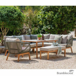 Xample Bramblecrest Helsinki 4 Piece L-Shaped Patio Dining Set, Teak-Effect Aluminium, Outdoor Rope, Eco Cushions, Ceramic Glass Table - thumbnail 1