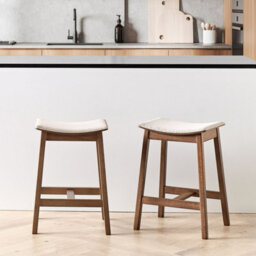 Wyld And Coco Urbannest Set Of 2 Bar Chairs Beige Polyester Upholstered Seats Rubberwood Dark Brown Finish - thumbnail 2