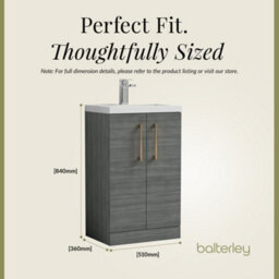 Balterley Level Compact Bathroom Cloakroom Vanity Basin Unit With Polymarble Basin, Brushed Bronze Handles, 500mm, Woodgrain Grey - thumbnail 5