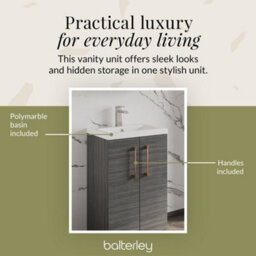 Balterley Level Compact Bathroom Cloakroom Vanity Basin Unit With Polymarble Basin, Brushed Bronze Handles, 500mm, Woodgrain Grey - thumbnail 7