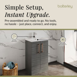 Balterley Level Compact Bathroom Cloakroom Vanity Basin Unit With Polymarble Basin, Brushed Bronze Handles, 500mm, Woodgrain Grey - thumbnail 4