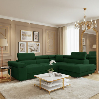 Torezio Corner Sofa Bed With Adjustable Headrests Bedding Storage Polyurethane Foam Wave Springs 274X203Cm Green Right - image 1