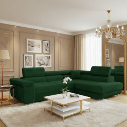 Torezio Corner Sofa Bed With Adjustable Headrests Bedding Storage Polyurethane Foam Wave Springs 274X203Cm Green Right - thumbnail 1