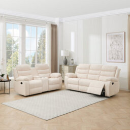 More4Homes Boston Manual Recliner Fabric 2+3 Seater Sofa Set W Drinks Console (Beige) - thumbnail 1