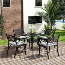 Living And Home Set Of 5 Black Retro Cast Aluminum Garden Bistro Furniture Set Round Table Chair Set With Cushions - thumbnail 1