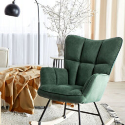 Beliani Rocking Chair - Dark Green Biscuit-Tufted Fabric With Rubberwood Skates - thumbnail 2