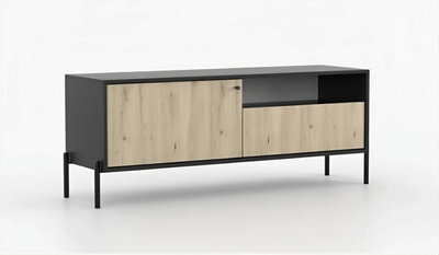 Arte Ravi Tv Cabinet - Black Frame & Oak Artisan Front W150 X H60 X D40 Cm - Sleek Media Storage With Drawer & Open Niche - image 1