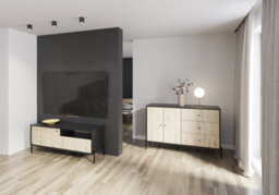 Arte Ravi Tv Cabinet - Black Frame & Oak Artisan Front W150 X H60 X D40 Cm - Sleek Media Storage With Drawer & Open Niche - thumbnail 4