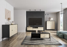 Arte Ravi Tv Cabinet - Black Frame & Oak Artisan Front W150 X H60 X D40 Cm - Sleek Media Storage With Drawer & Open Niche - thumbnail 3
