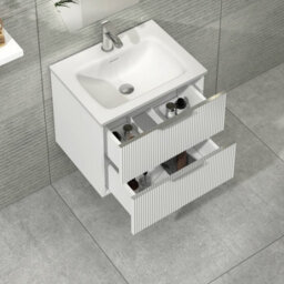 Royal Bathrooms Evora 600mm Matt White Fluted Wall Hung Bathroom Vanity Unit 2 Drawer Cabinet Storage With Stone Basin Sink - 1 Tap Hole - thumbnail 5